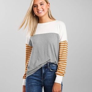 BKE Gray and White Long Sleeve Tee with Tan Stripes